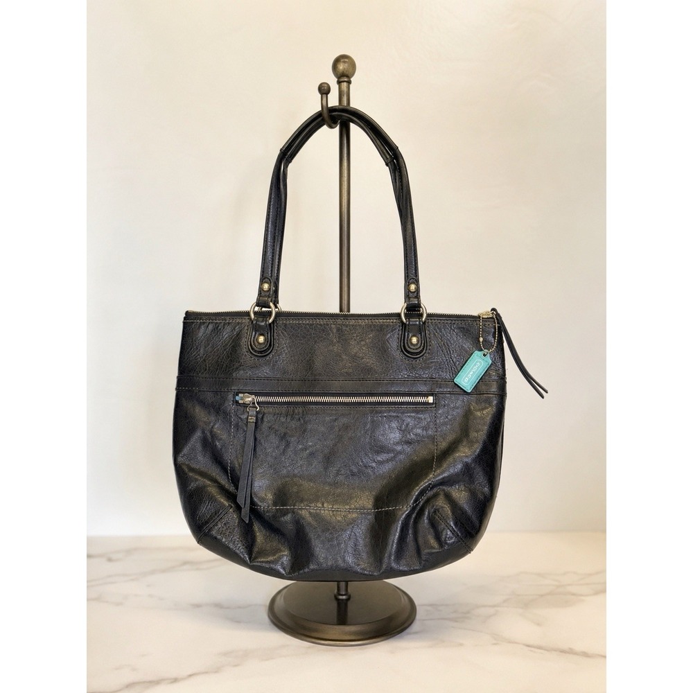 Coach Poppy 19827 Glam Distressed Leather Tote Shoulder Bag Purse Black & Teal